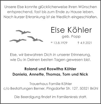 Anzeige von Else Köhler von  Kölner Wochenspiegel 