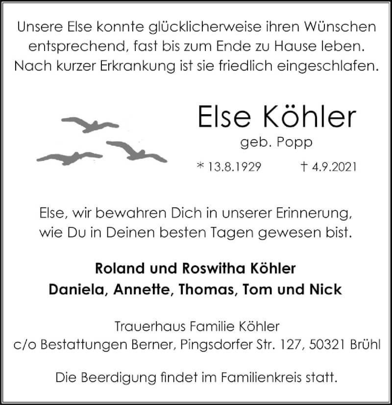  Traueranzeige für Else Köhler vom 17.09.2021 aus  Kölner Wochenspiegel 