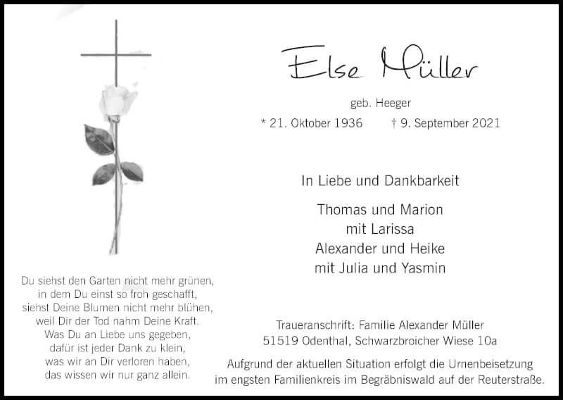  Traueranzeige für Else Müller vom 25.09.2021 aus Kölner Stadt-Anzeiger / Kölnische Rundschau / Express