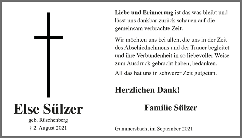  Traueranzeige für Else Sülzer vom 24.09.2021 aus  Anzeigen Echo 