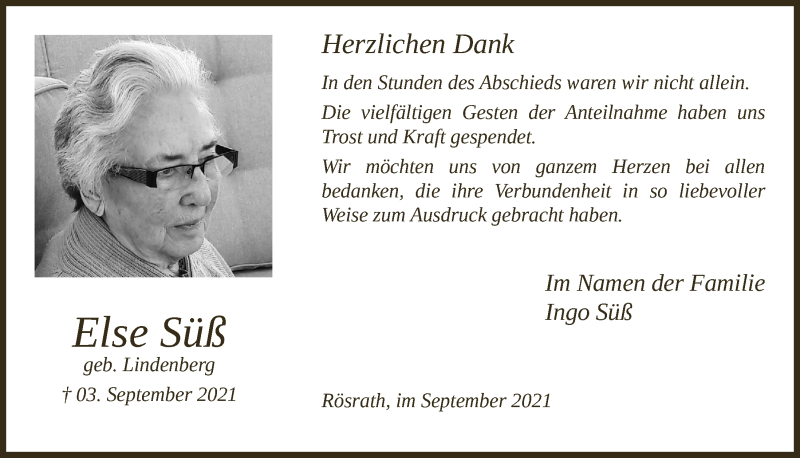  Traueranzeige für Else Süß vom 24.09.2021 aus  Bergisches Handelsblatt 