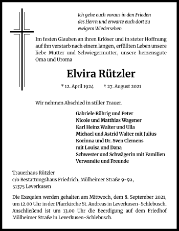 Anzeige von Elvira Rützler von Kölner Stadt-Anzeiger / Kölnische Rundschau / Express
