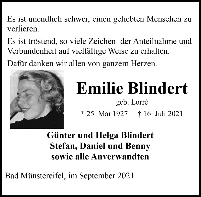  Traueranzeige für Emilie Blindert vom 11.09.2021 aus  Blickpunkt Euskirchen 