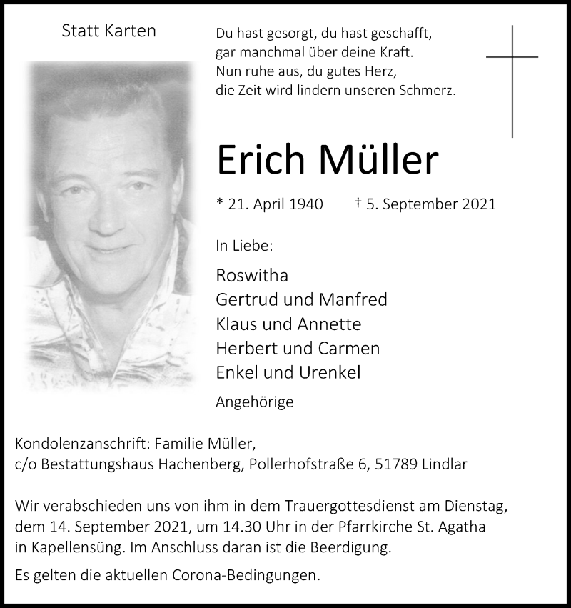 Traueranzeige für Erich Müller vom 11.09.2021 aus Kölner Stadt-Anzeiger / Kölnische Rundschau / Express