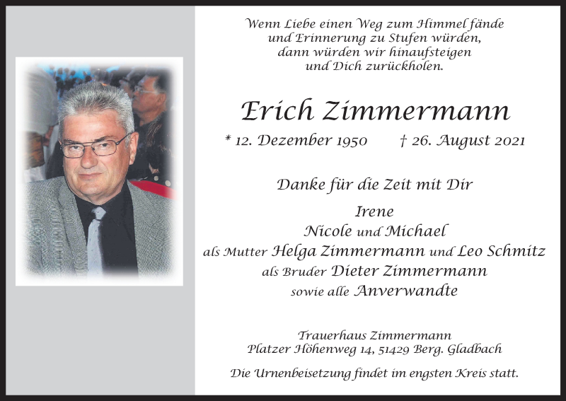  Traueranzeige für Erich Zimmermann vom 04.09.2021 aus Kölner Stadt-Anzeiger / Kölnische Rundschau / Express