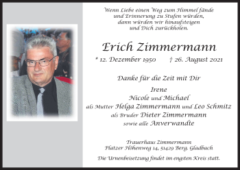 Anzeige von Erich Zimmermann von Kölner Stadt-Anzeiger / Kölnische Rundschau / Express