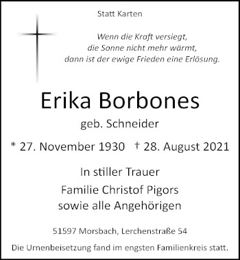 Anzeige von Erika Borbones von  Lokalanzeiger 