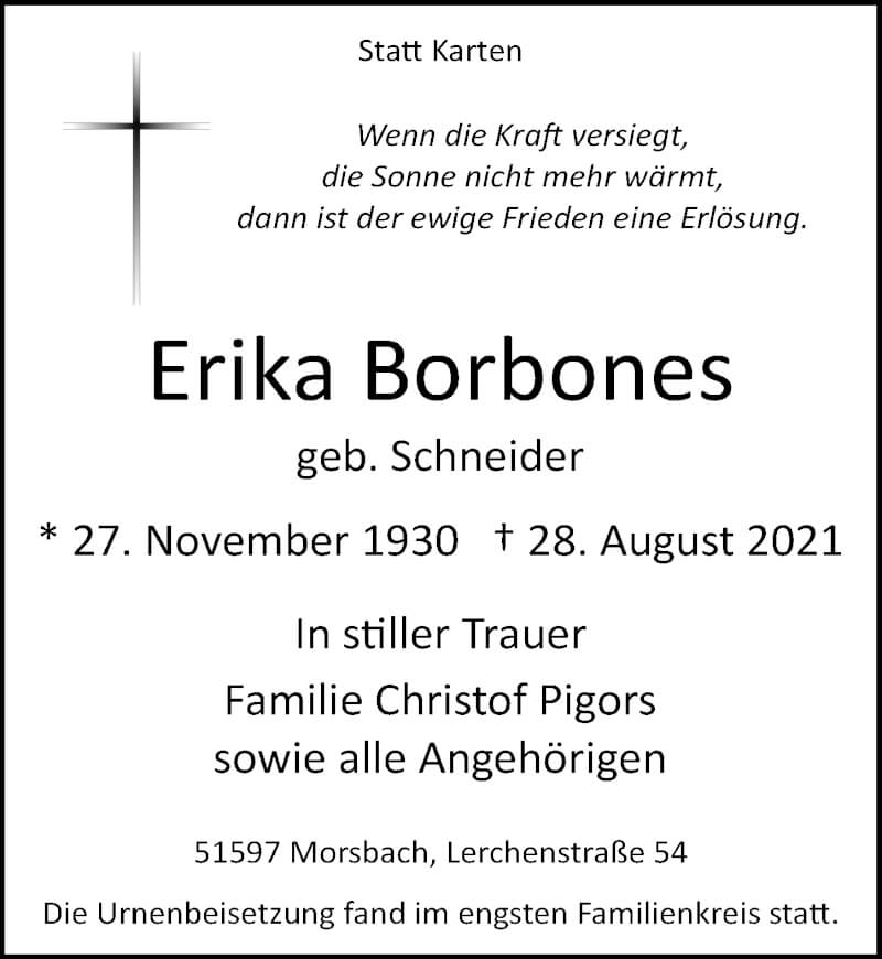  Traueranzeige für Erika Borbones vom 17.09.2021 aus  Lokalanzeiger 