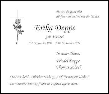Anzeige von Erika Deppe von Kölner Stadt-Anzeiger / Kölnische Rundschau / Express