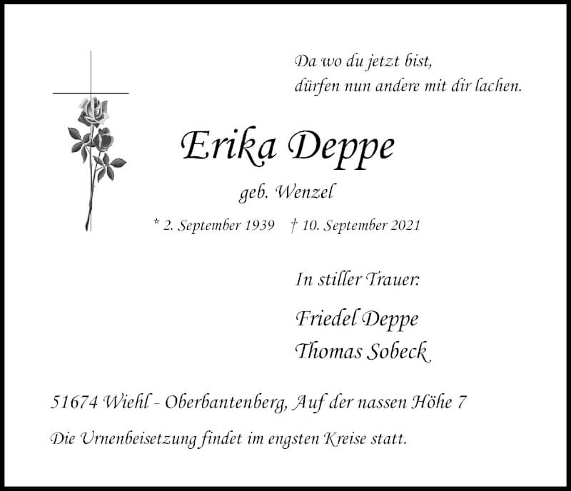  Traueranzeige für Erika Deppe vom 17.09.2021 aus Kölner Stadt-Anzeiger / Kölnische Rundschau / Express