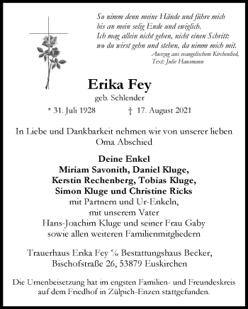 Anzeige von Erika Fey von  Blickpunkt Euskirchen 