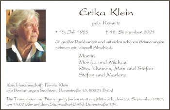 Anzeige von Erika Klein von  Schlossbote/Werbekurier 