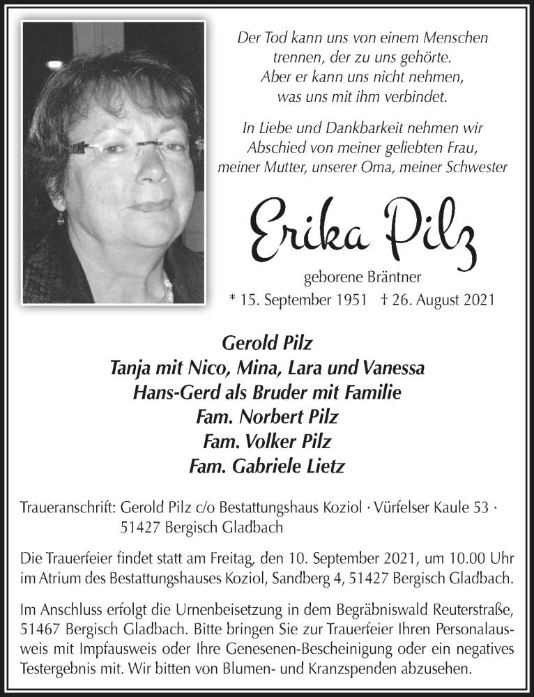  Traueranzeige für Erika Pilz vom 03.09.2021 aus  Bergisches Handelsblatt 