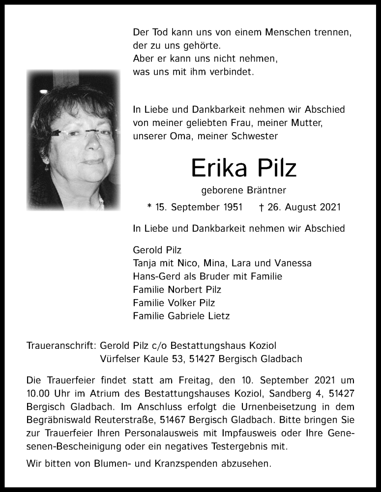  Traueranzeige für Erika Pilz vom 04.09.2021 aus Kölner Stadt-Anzeiger / Kölnische Rundschau / Express