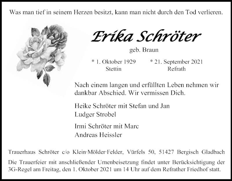  Traueranzeige für Erika Schröter vom 25.09.2021 aus Kölner Stadt-Anzeiger / Kölnische Rundschau / Express