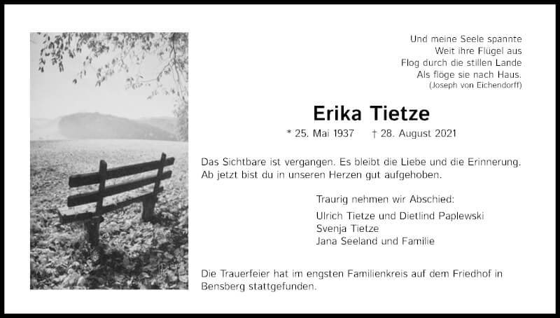  Traueranzeige für Erika Tietze vom 25.09.2021 aus Kölner Stadt-Anzeiger / Kölnische Rundschau / Express