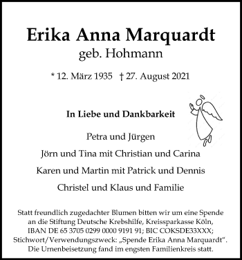 Anzeige von Erika Anna Marquardt von Kölner Stadt-Anzeiger / Kölnische Rundschau / Express