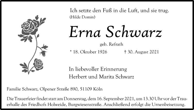  Traueranzeige für Erna Schwarz vom 04.09.2021 aus Kölner Stadt-Anzeiger / Kölnische Rundschau / Express
