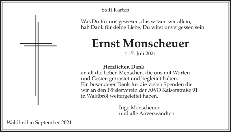  Traueranzeige für Ernst Monscheuer vom 10.09.2021 aus  Lokalanzeiger 