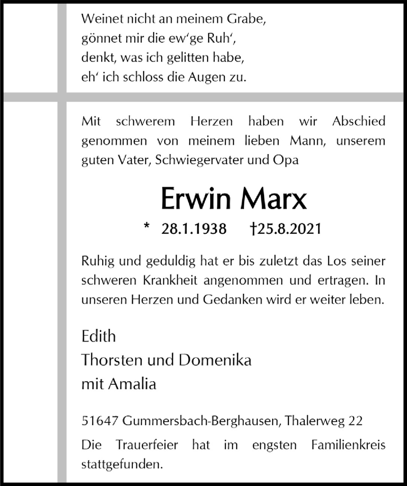  Traueranzeige für Erwin Marx vom 10.09.2021 aus  Anzeigen Echo 