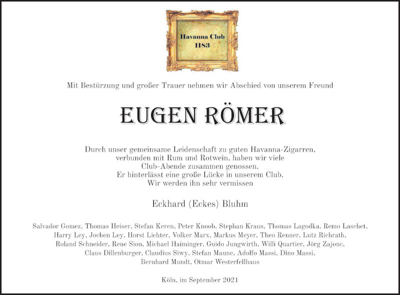  Traueranzeige für Eugen Römer vom 18.09.2021 aus Kölner Stadt-Anzeiger / Kölnische Rundschau / Express