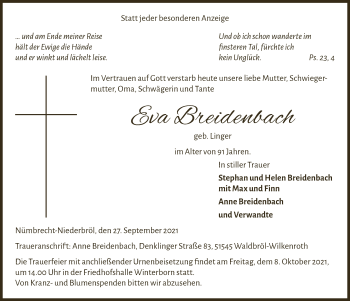Anzeige von Eva Breidenbach von  Lokalanzeiger 