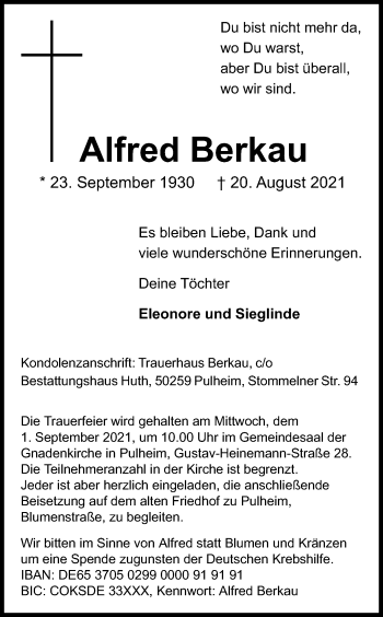 Anzeige von Alfred Berkau 