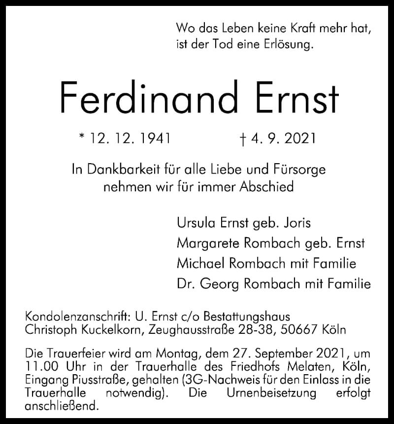  Traueranzeige für Ferdinand Ernst vom 18.09.2021 aus Kölner Stadt-Anzeiger / Kölnische Rundschau / Express
