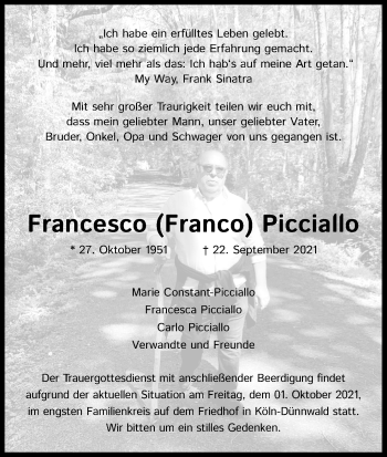 Anzeige von Francesco Picciallo von Kölner Stadt-Anzeiger / Kölnische Rundschau / Express