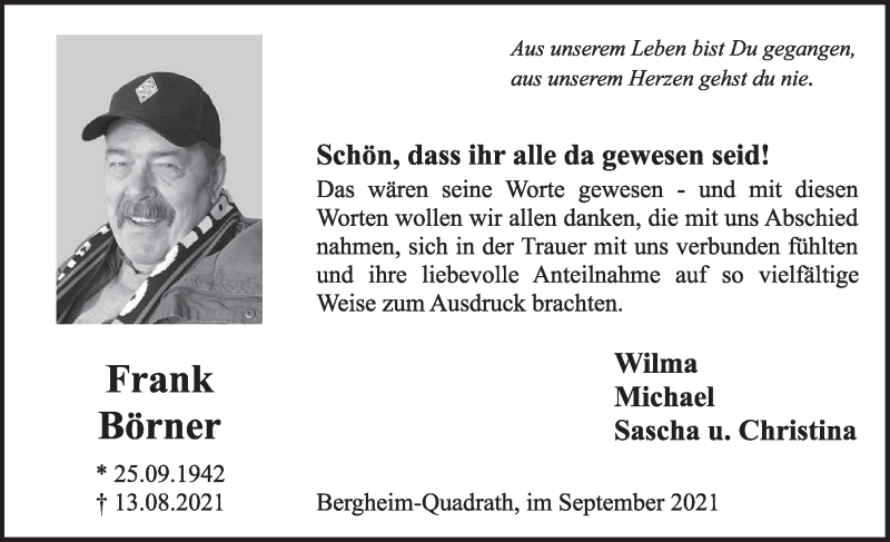  Traueranzeige für Frank Börner vom 10.09.2021 aus  Werbepost 