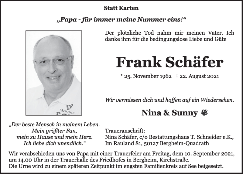  Traueranzeige für Frank Schäfer vom 03.09.2021 aus  Werbepost 