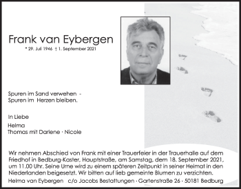 Anzeige von Frank van Eybergen von  Werbepost 
