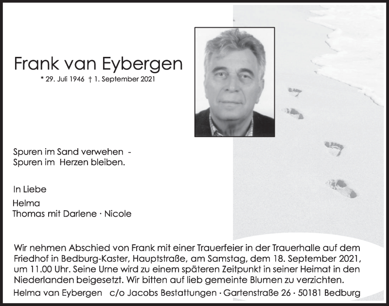  Traueranzeige für Frank van Eybergen vom 10.09.2021 aus  Werbepost 