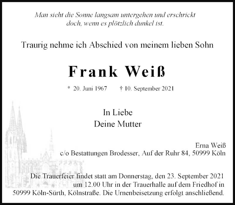  Traueranzeige für Frank Weiß vom 17.09.2021 aus  Kölner Wochenspiegel 