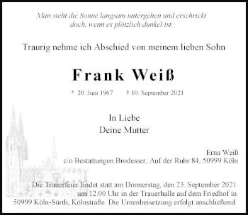 Anzeige von Frank Weiß von  Kölner Wochenspiegel 