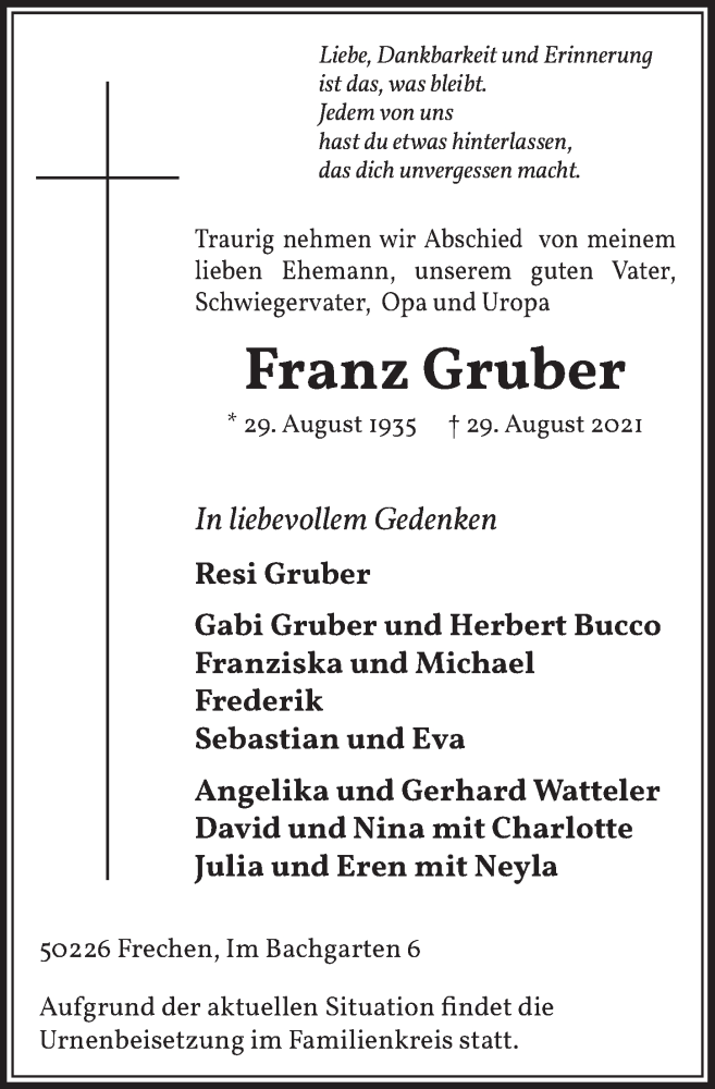  Traueranzeige für Franz Gruber vom 03.09.2021 aus  Wochenende 