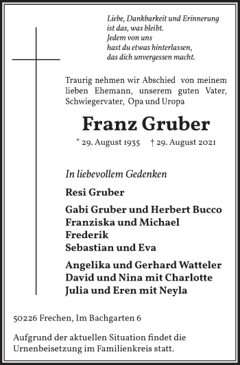 Anzeige von Franz Gruber von  Wochenende 