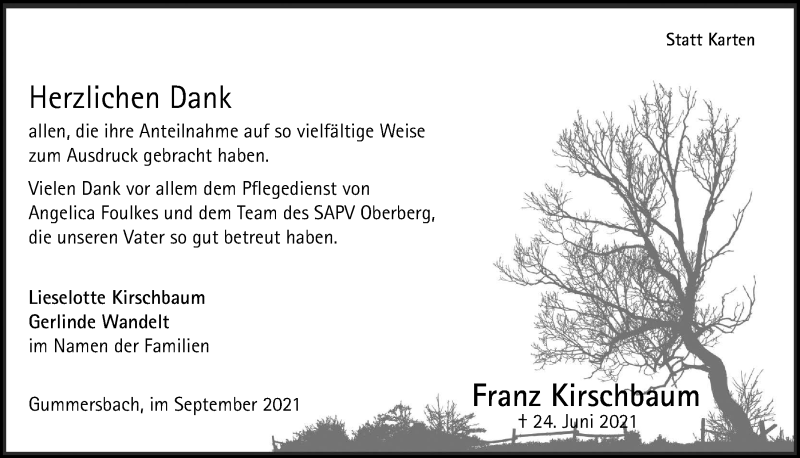  Traueranzeige für Franz Kirschbaum vom 03.09.2021 aus  Anzeigen Echo 