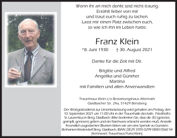 Anzeige von Franz Klein von Kölner Stadt-Anzeiger / Kölnische Rundschau / Express