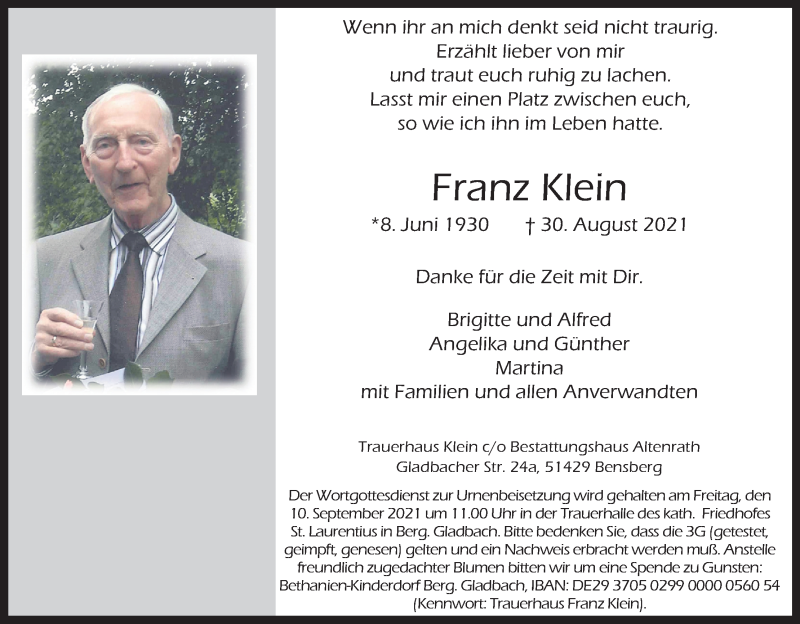  Traueranzeige für Franz Klein vom 04.09.2021 aus Kölner Stadt-Anzeiger / Kölnische Rundschau / Express