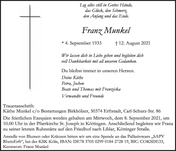 Anzeige von Franz Munkel von  Werbepost 