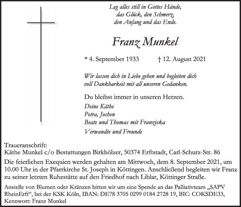  Traueranzeige für Franz Munkel vom 03.09.2021 aus  Werbepost 