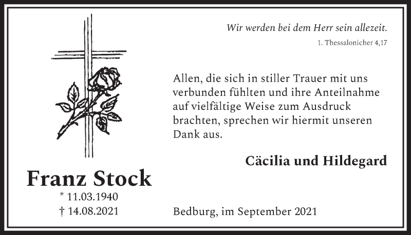  Traueranzeige für Franz Stock vom 24.09.2021 aus  Werbepost 