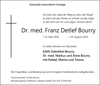 Anzeige von Franz Detlef Bourry von Kölner Stadt-Anzeiger / Kölnische Rundschau / Express