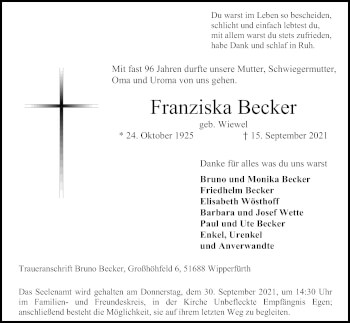 Anzeige von Franziska Becker von Kölner Stadt-Anzeiger / Kölnische Rundschau / Express