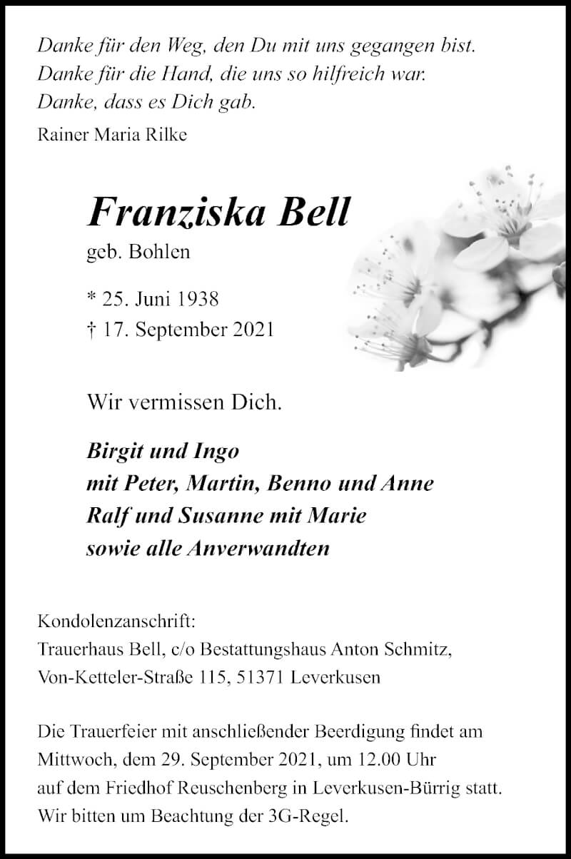  Traueranzeige für Franziska Bell vom 25.09.2021 aus Kölner Stadt-Anzeiger / Kölnische Rundschau / Express