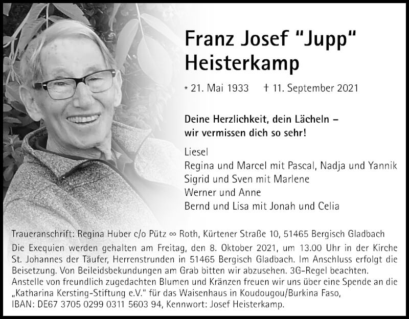  Traueranzeige für Franz Josef Heisterkamp vom 18.09.2021 aus Kölner Stadt-Anzeiger / Kölnische Rundschau / Express
