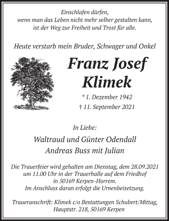 Anzeige von Franz Josef Klimek von  Werbepost 