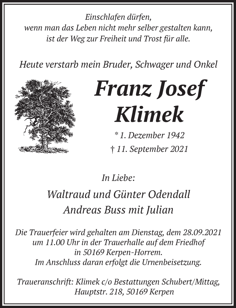  Traueranzeige für Franz Josef Klimek vom 24.09.2021 aus  Werbepost 