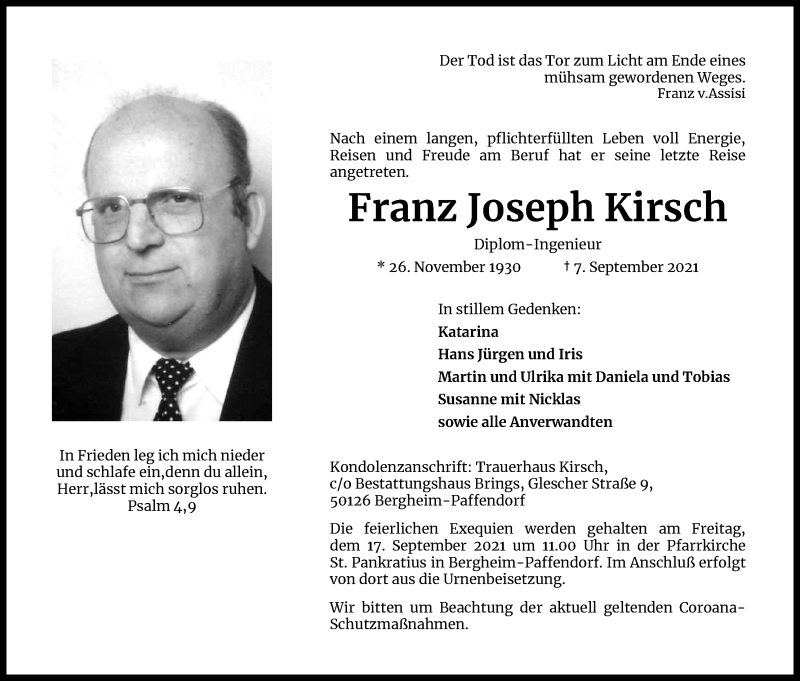  Traueranzeige für Franz Joseph Kirsch vom 15.09.2021 aus Kölner Stadt-Anzeiger / Kölnische Rundschau / Express